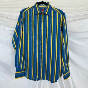 Robert Graham Blue and Yellow Striped Men's Dress Shirt | Size M
